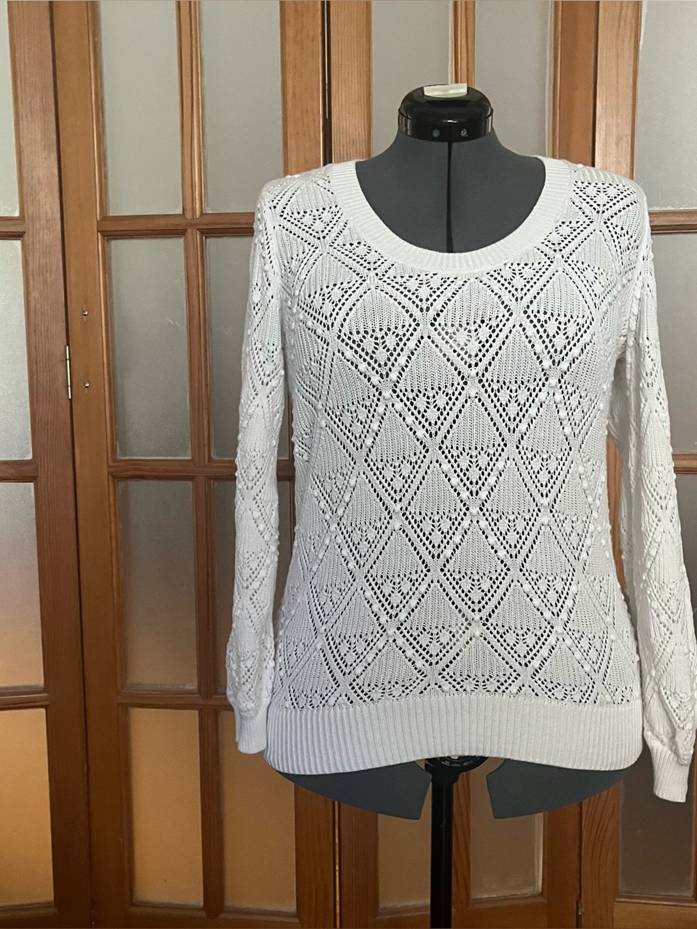 LOFT White Crotched Diamond-Pattern Crewneck Sweater
